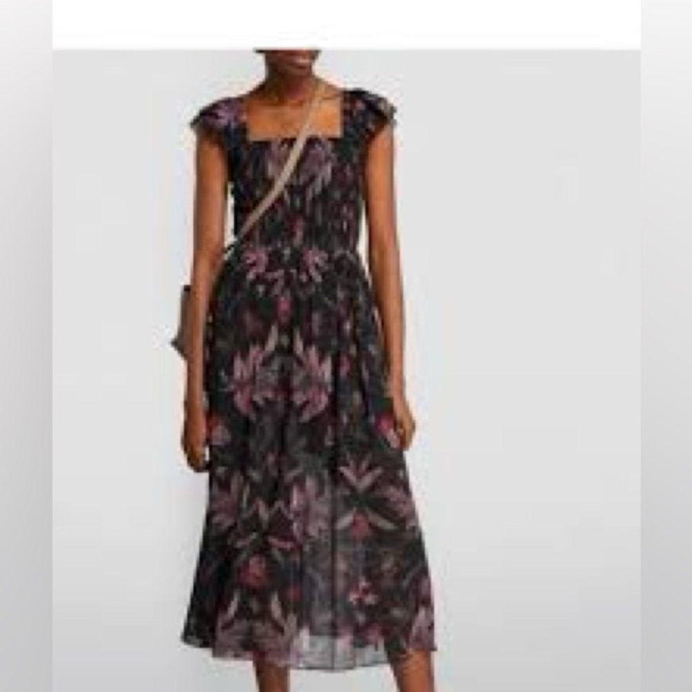All Saints Black and Pink Floral Midi Dress Sz 6